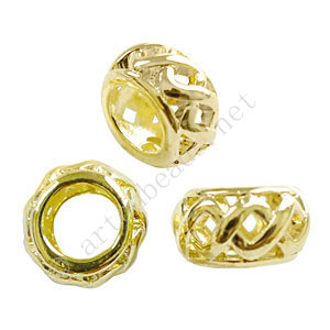 Large Hole Metal Bead - 18k Gold Plated - ID 7.6mm - 6pcs