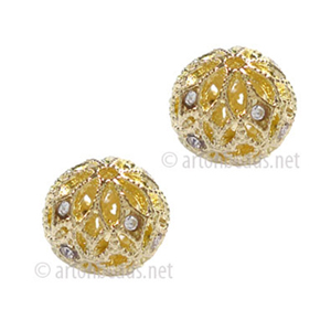 Filigree Metal Bead With Crystal - 14k Gold Plated - 10mm-2pcs