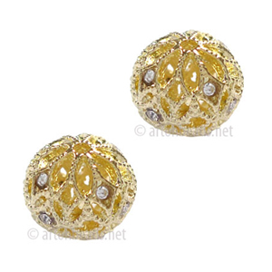 Filigree Metal Bead With Crystal - 14k Gold Plated - 12mm - 2pcs