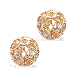 Filigree Metal Bead With Crystal - Rose Gold Plated - 12mm-2pcs